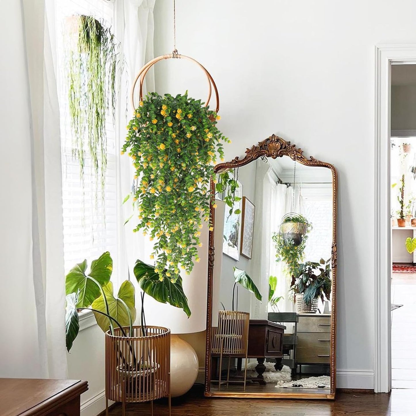 RECUTMS Pack of 4 Hanging Eucalyptus Plant Artificial Ivy Flower Vine Large Faux Wall Plants UV Resistant Greenery for Outdoor Patio Home Shelf Office Indoor Decor Yellow