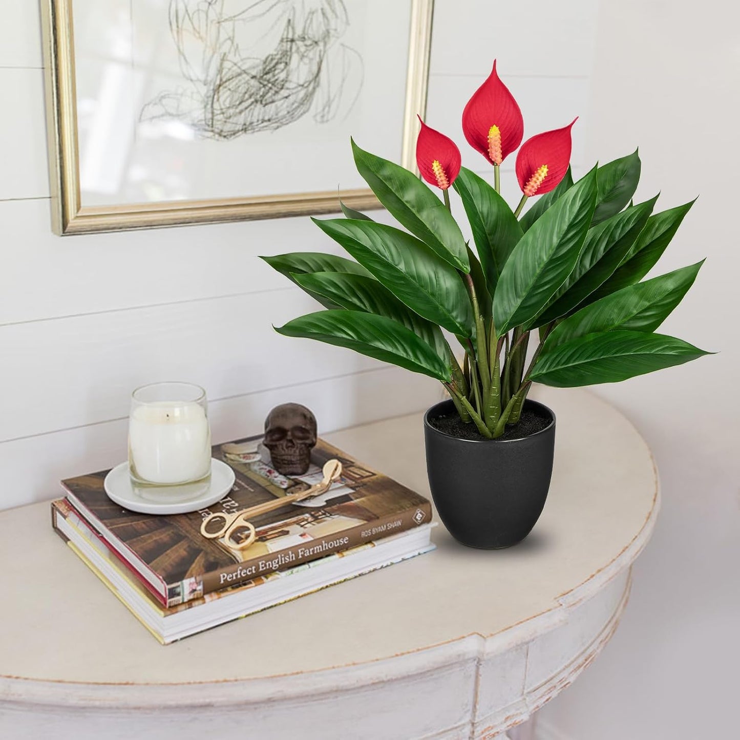20'' Realistic Red Anthurium Artificial Potted Plant, Fake Flowers for Home Office Farmhouse Kitchen Bathroom Table Shelf Decor