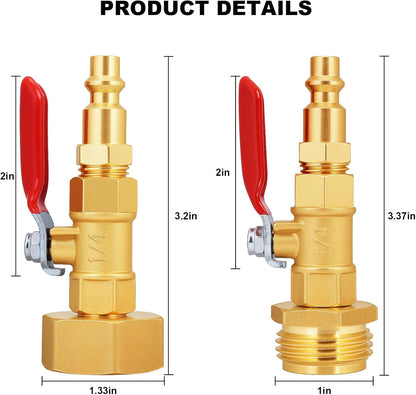 RV Winterize/Winterization Blowout Adapter - Brass with Ball Valve, 1/4" Male Quick Connect to 3/4" Male & Female GHT Garden Hose Thread
