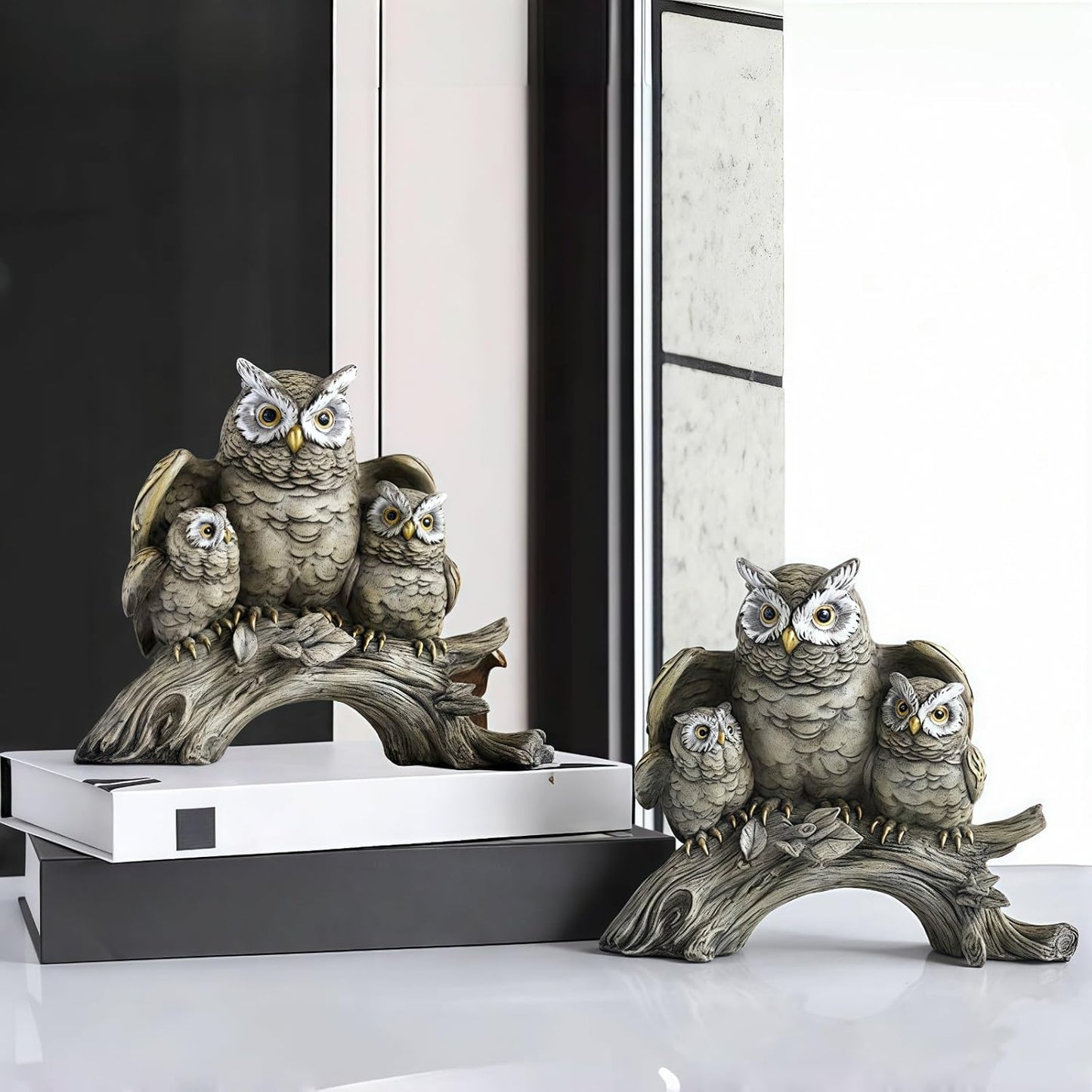 Resin Owl Statue with Spread Wings - Outdoor Garden, Patio, Office Decor Figurine: Family Parent & Two Baby Owls on Base (Grey-Black)
