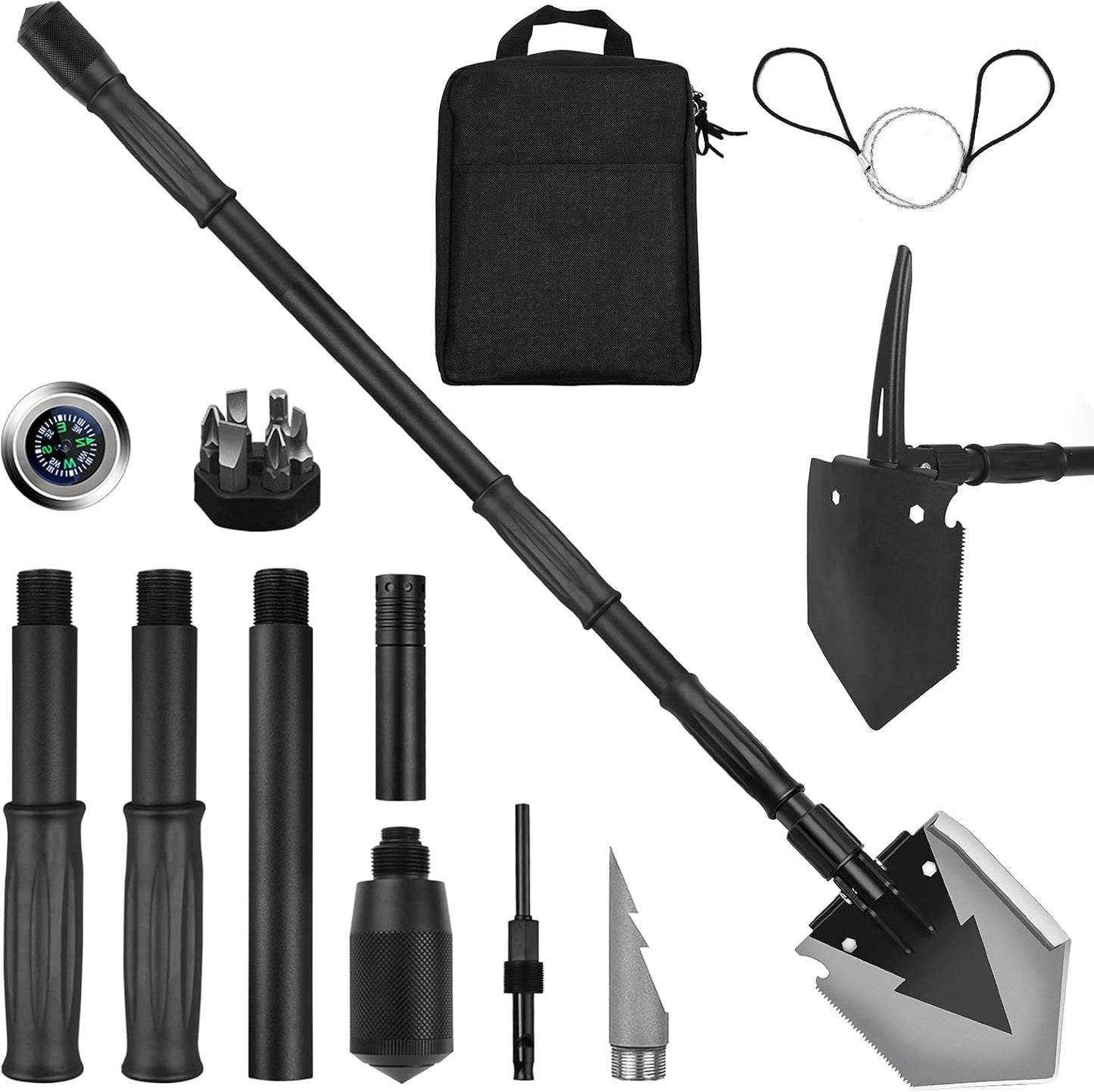 Camping Shovel 38'', with Pickaxe, Survival Folding Spade, Tactical Heavyduty Multitool, Military Compact Shovel for Off-Roading, Entrenching, Car Emergency, Outdoor