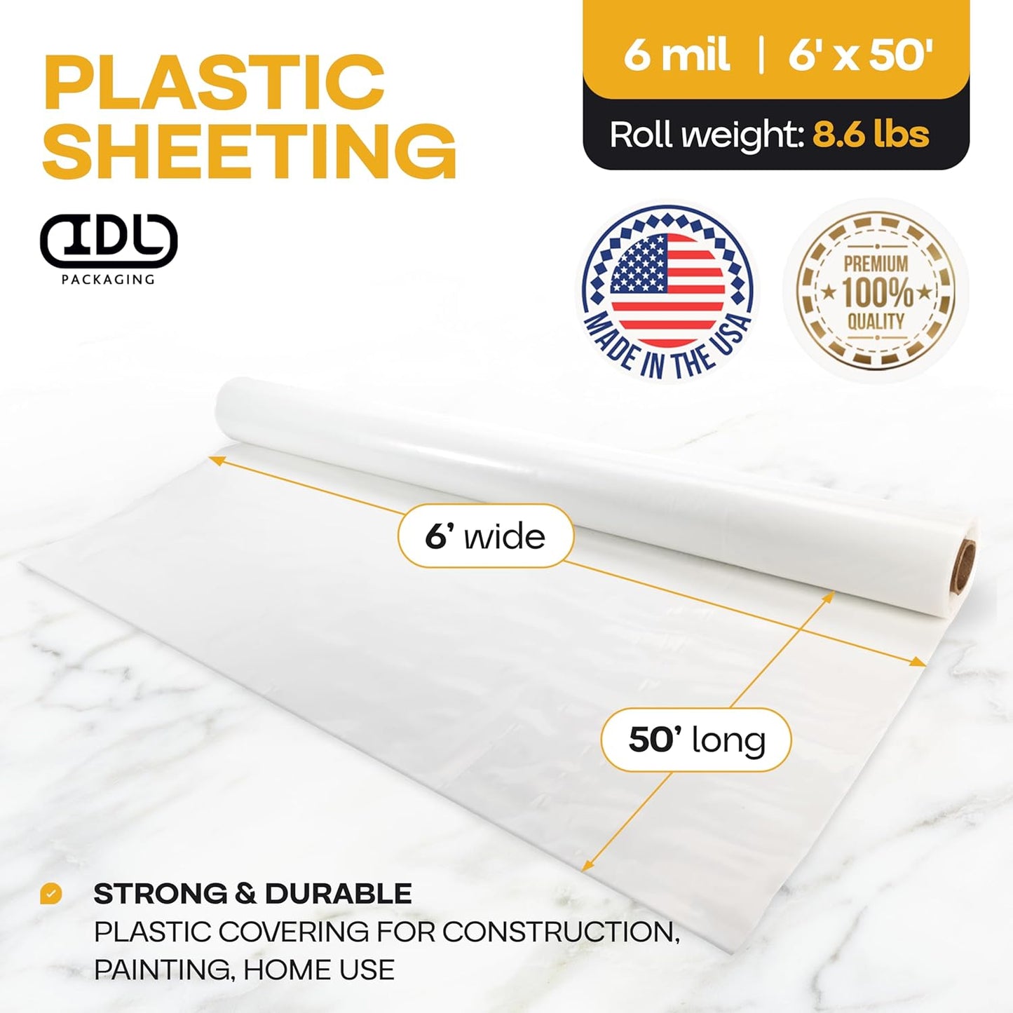 Plastic Sheeting 6 mil, 6' x 50' (300 sq. ft.) - Thick Semi-Clear Plastic Sheeting for Construction, Painting - Heavy Duty LDPE Film Roll - Vapor Barrier Semi-Clear Roll of Plastic by IDL Packaging