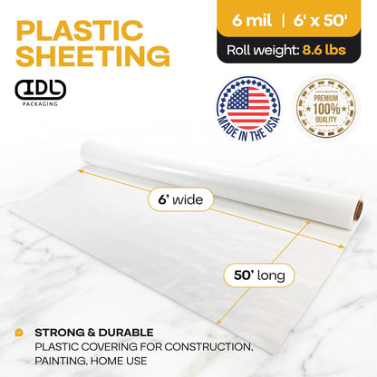 Plastic Sheeting 6 mil, 6' x 50' (300 sq. ft.) - Thick Semi-Clear Plastic Sheeting for Construction, Painting - Heavy Duty LDPE Film Roll - Vapor Barrier Semi-Clear Roll of Plastic by IDL Packaging