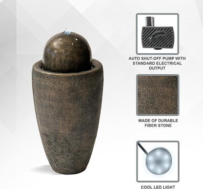 XBrand 25.98" H Round Stone Indoor/Outdoor Modern Stone Textured Sphere Water Fountain w/LED Lights, Ball Water Fountain Decor, Garden Sphere Fountain, Patio Fountain, Outdoor Fountain, Bronze