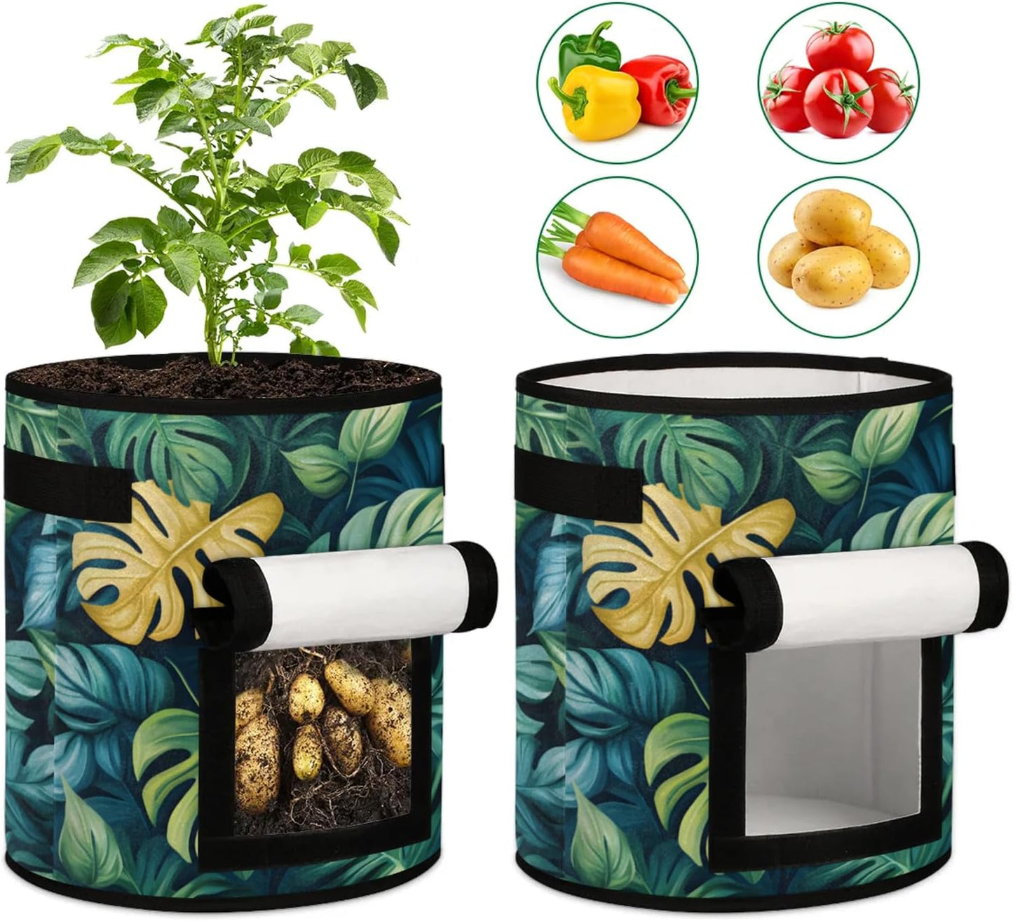 Green Leaves Plant Grow Bags 7 Gallon Thickened Nonwoven Plant Pot Flowers Vegetable Potato Fruit Plant Grow Bag with Handle Garden Plant Bag Outdoor 2 Pack