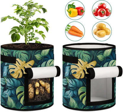 Green Leaves Plant Grow Bags 7 Gallon Thickened Nonwoven Plant Pot Flowers Vegetable Potato Fruit Plant Grow Bag with Handle Garden Plant Bag Outdoor 2 Pack