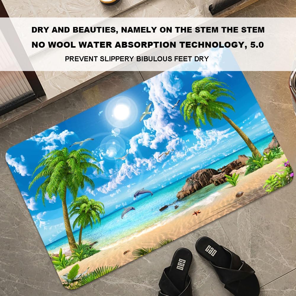 Bath Mat-Bathroom Rug，Summer Coconut Beach Dolphins-Absorbent Non Slip Quick Dry Stain Resistant Easy to Clean Care Shower Rug for Bathtub Shower Room 20×31Inch (50 * 80cm)