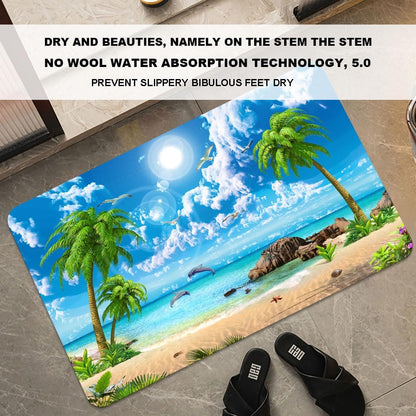 Bath Mat-Bathroom Rug，Summer Coconut Beach Dolphins-Absorbent Non Slip Quick Dry Stain Resistant Easy to Clean Care Shower Rug for Bathtub Shower Room 17×27.5Inch (43 * 70cm)