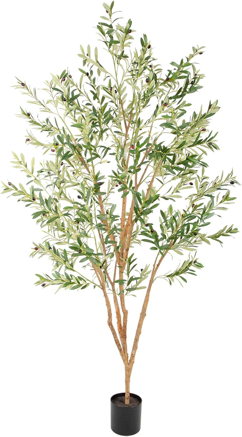 Bellacat 8ft Super Fuller Faux Olive Tree with Multiple Real Wood Trunks, 96in Olive Trees Artificial Indoor with Realistic Fruits & Leaves, Fake Olive Tree for Indoor & Outdoor Home Office Décor