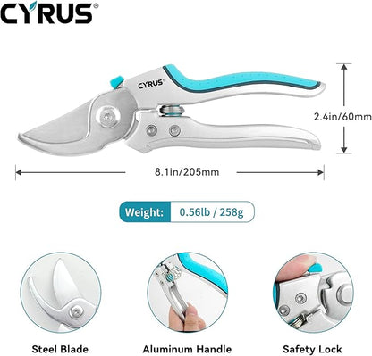 CYRUS Pruning Shears, 8" Pruning Shears Professional Steel Blades with Bypass Edge for Cutting Branches and Twigs up to 24mm in Diameter, Tool for Pruning Garden Branches and Potted Plants (00317)
