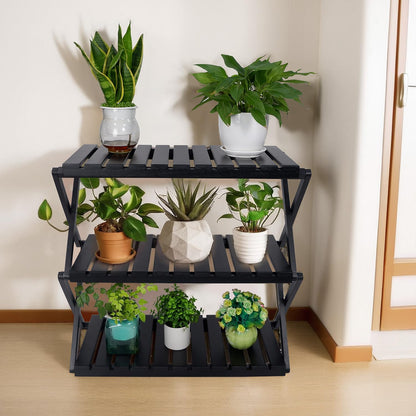 BEEFURNI Acacia Stand Indoor, Wooden Outdoor Plant Stand, Foldable Corner, 3 Tier Plant Stand, Easy Assembly, Plant Bench Patio Balcony Sunroom Decor, Christmas Gift, 1-year Warranty