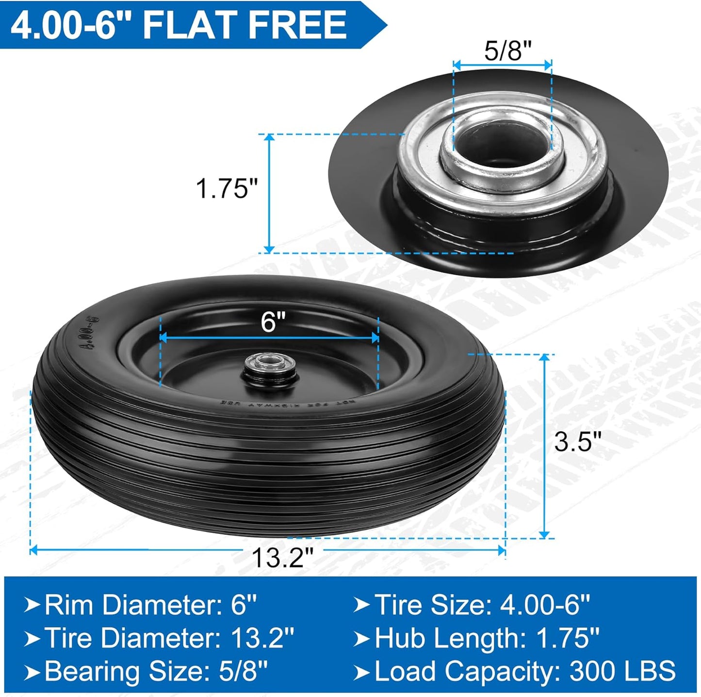 4.00-6 Flat Free Wheelbarrow Tires and Wheels, 13 Inch Wheelbarrow Tires with 5/8" or 3/4" Bearings, 1.75'' Centered Hub Hand Truck Solid Wheels Replacement for Hand Trucks, Dolly Trolleies