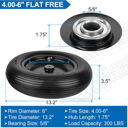 4.00-6 Flat Free Wheelbarrow Tires and Wheels, 13 Inch Wheelbarrow Tires with 5/8" or 3/4" Bearings, 1.75'' Centered Hub Hand Truck Solid Wheels Replacement for Hand Trucks, Dolly Trolleies, 2 PCS