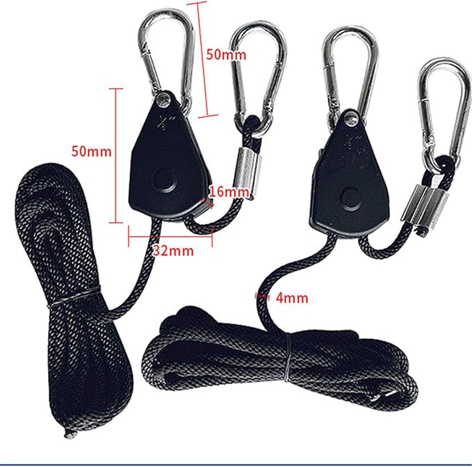 Grow Light Rope Hanger 2Pairs， Adjustable Rope Ratchet Hangers 150 Lbs per Pair with Stainless Steel 2.5" S Hook