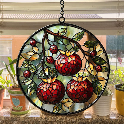 Cottage Pomegranate Acrylic Suncatcher Stained Glass Effect Window Car Hanging Christmas Ornament Indoor Outdoor Decor Garden Sun Catcher Panel for Acrylic Suncatcher Lover for Women Mom Grandma