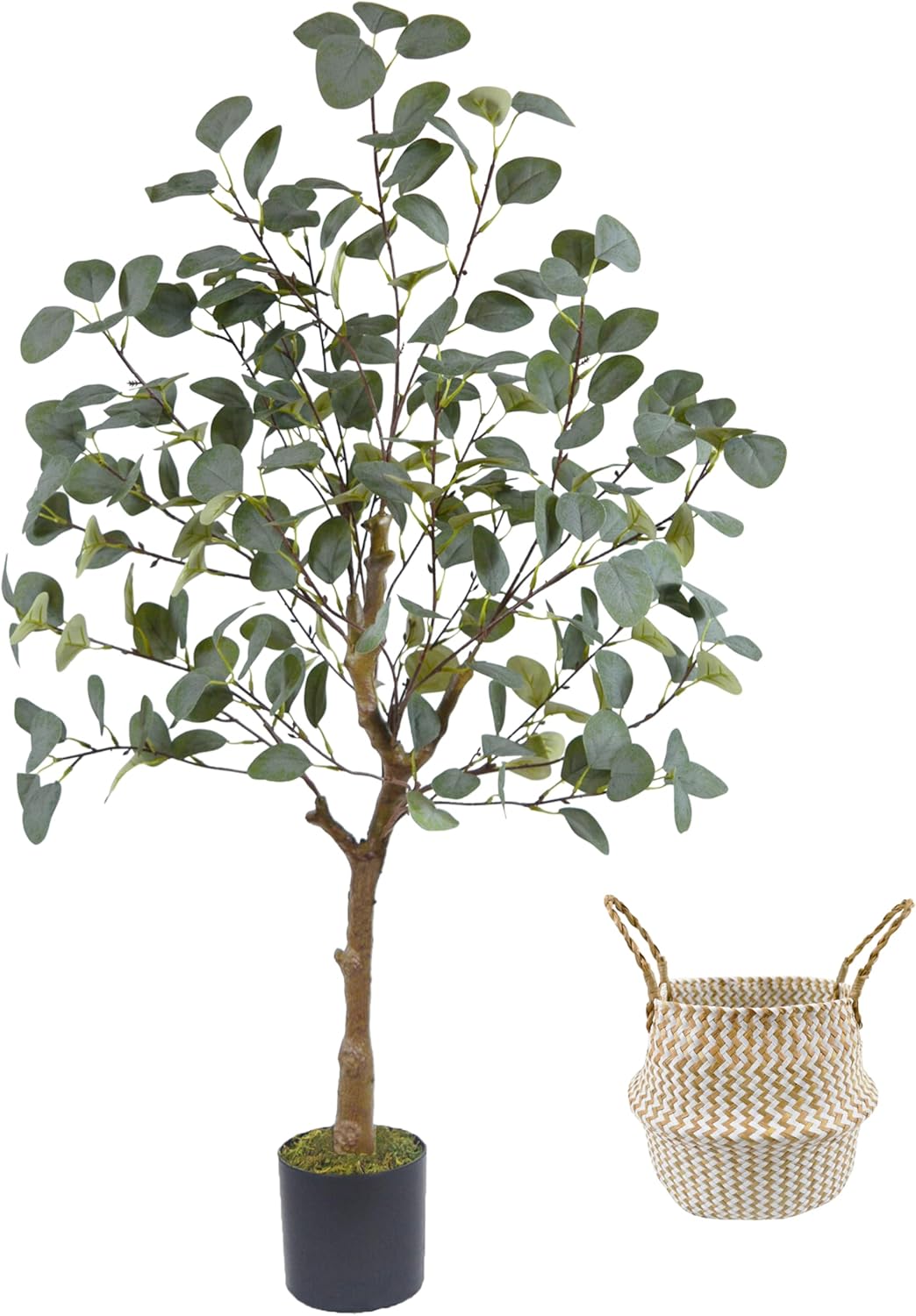 Artificial Eucalyptus Tree, 4ft Tall Green Silk Leaves Perfect Faux Plant with Basket, Mordern Fake Eucalyptus Trees for Indoor Outdoor Home Office Livingroom Floor Décor