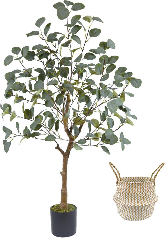 Artificial Eucalyptus Tree, 4ft Tall Green Silk Leaves Perfect Faux Plant with Basket, Mordern Fake Eucalyptus Trees for Indoor Outdoor Home Office Livingroom Floor Décor