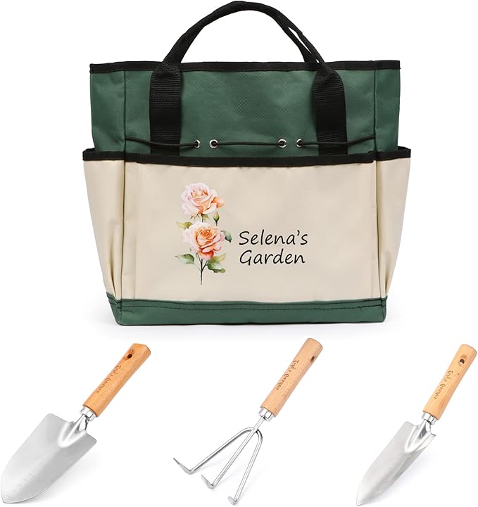 Personalized Garden Tools Set for Women: Custom Text Garden Tool Bag and Garden Shovel & Transplant Shovel & Hand Rake - Gardening Gifts for Mom Grandma Gardening Lover (Garden Bag)