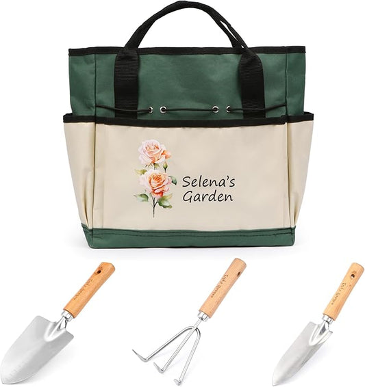 Personalized Garden Tools Set for Women: Custom Text Garden Tool Bag and Garden Shovel & Transplant Shovel & Hand Rake - Gardening Gifts for Mom Grandma Gardening Lover (Garden Bag)