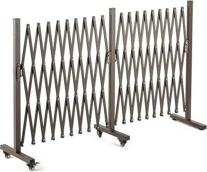TECSPACE Aluminum Expandable Garden Fence, Portable Barricade Gate with Casters, Adjustable Retractable Fence Mobile Barricade Safety Barrier (Brown, 201×15×41 inch)