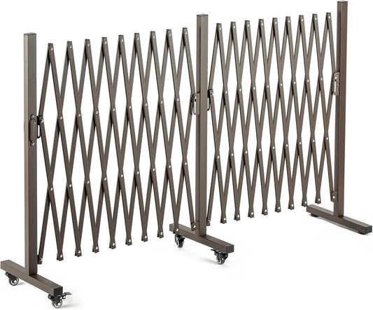 TECSPACE Aluminum Expandable Garden Fence, Portable Barricade Gate with Casters, Adjustable Retractable Fence Mobile Barricade Safety Barrier (Brown, 201×15×41 inch)