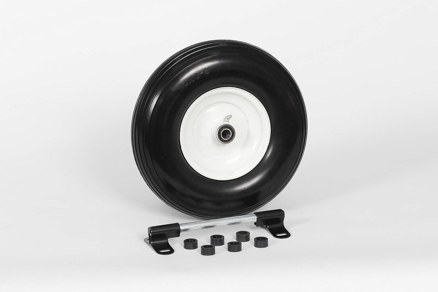 Flat Free Universal Wheelbarrow Replacement Tire | Complete Wheel Assembly | White Rim and Ribbed Tread | 13" Wheel | Adapter Kit Included