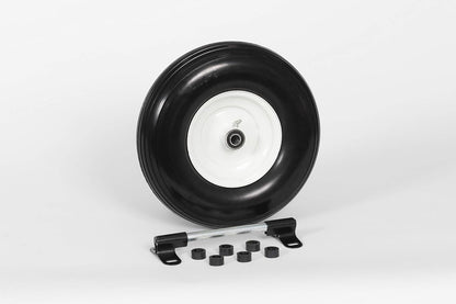 Flat Free Universal Wheelbarrow Replacement Tire | Complete Wheel Assembly | White Rim and Ribbed Tread | 13" Wheel | Adapter Kit Included