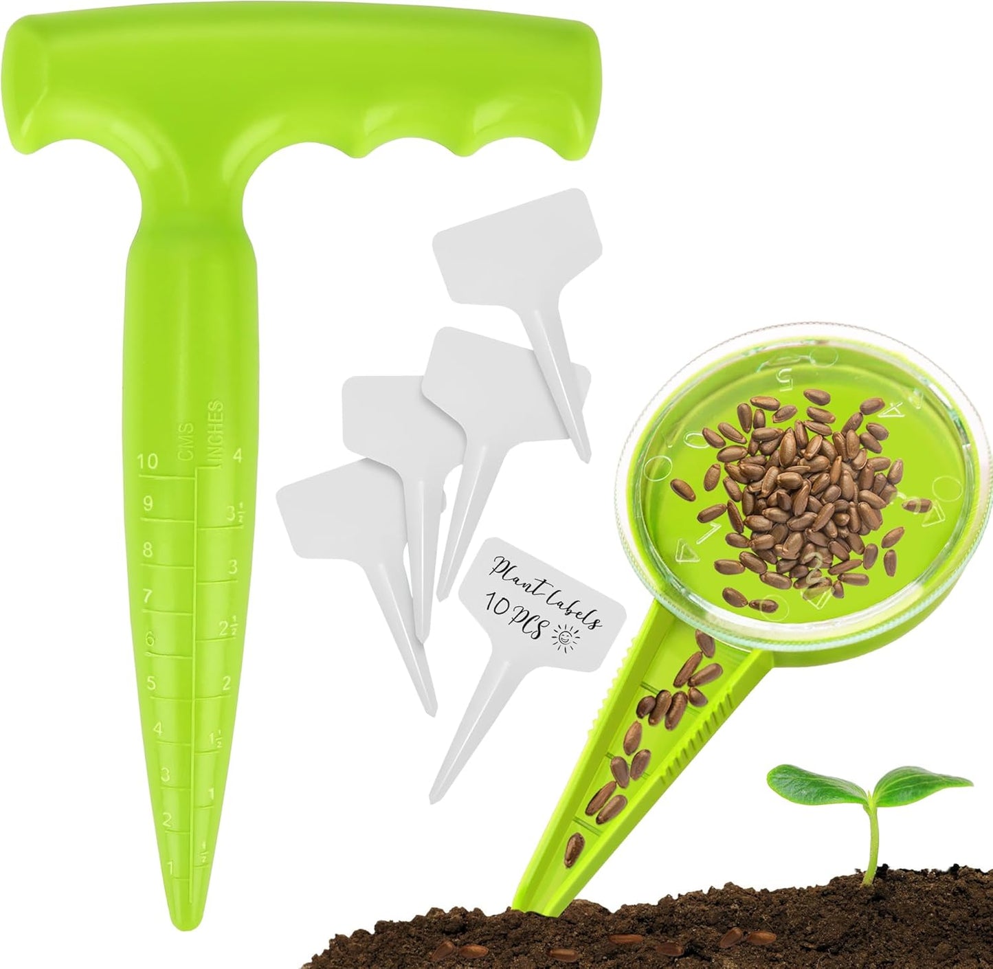 Seed Planter Tool, 6.9" Dibber Garden Tool, Plastic Dibbler Tools for Planting, Seed Dispenser, Bulb Digger Garden Planter for Sowing Seeds, Bulbs, Digging (with Plant Labels)