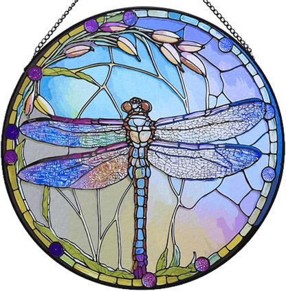 Butterfly Stained Glass Suncatcher,Stained Glass Decor with Metal Chain,Butterfly Suncatcher for Window Hanging (Dragonfly_C)