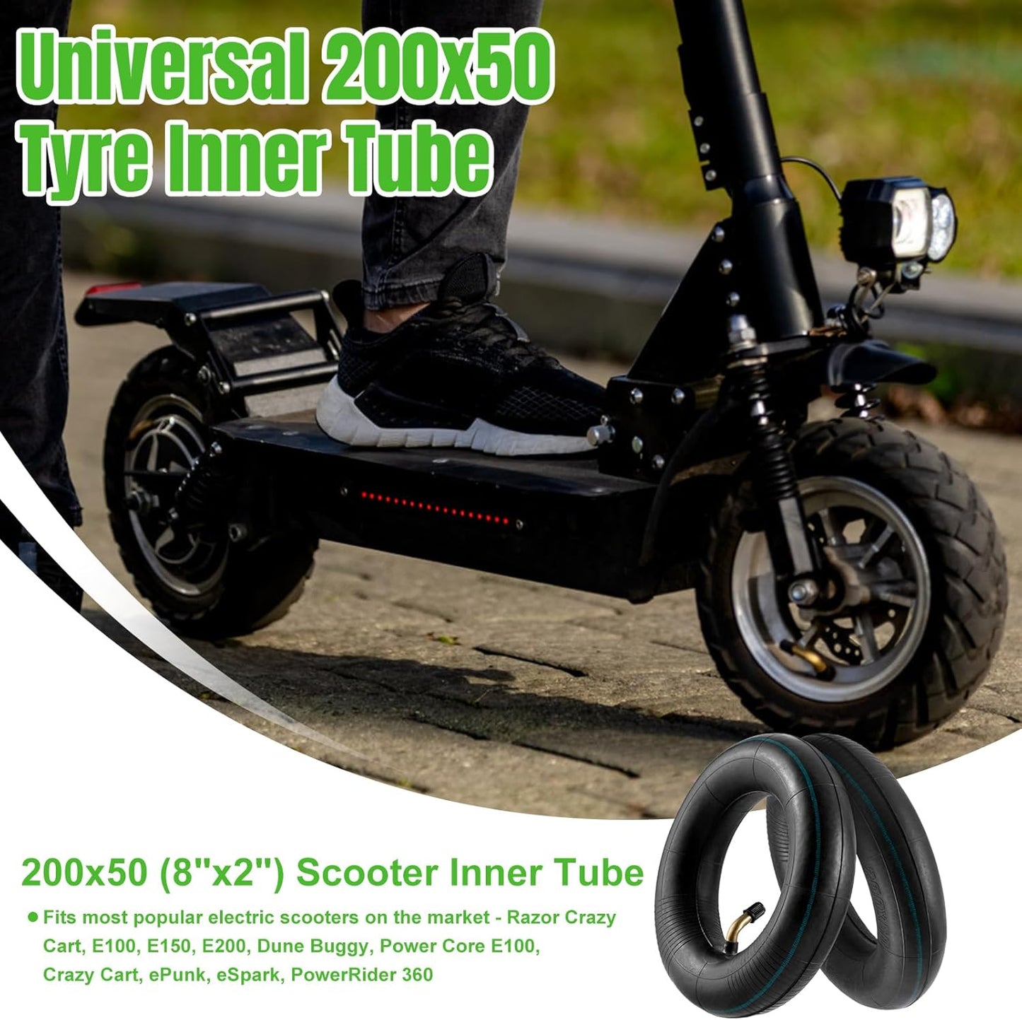 200x50" Inner Tubes, 2 Pack Heavy Duty Replacement Electric Scooter Tire Inner Tube Compatible with Razor E100, E150, E200, Power Core E100, Dune Buggy, ePunk, Crazy Cart, PowerRider 360, eSpark