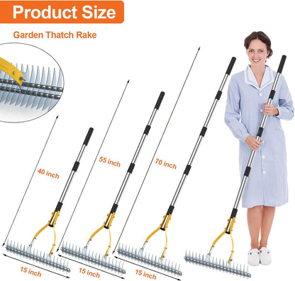 TOOVEM Thatch Rake, 15-inch Lawn Thatching Rake with Heavy Duty Steel Tines & Ergonomic Handle, 70-Inch Professional Dethatching Rakes for Effective Lawn Care, Garden & Yard Tool