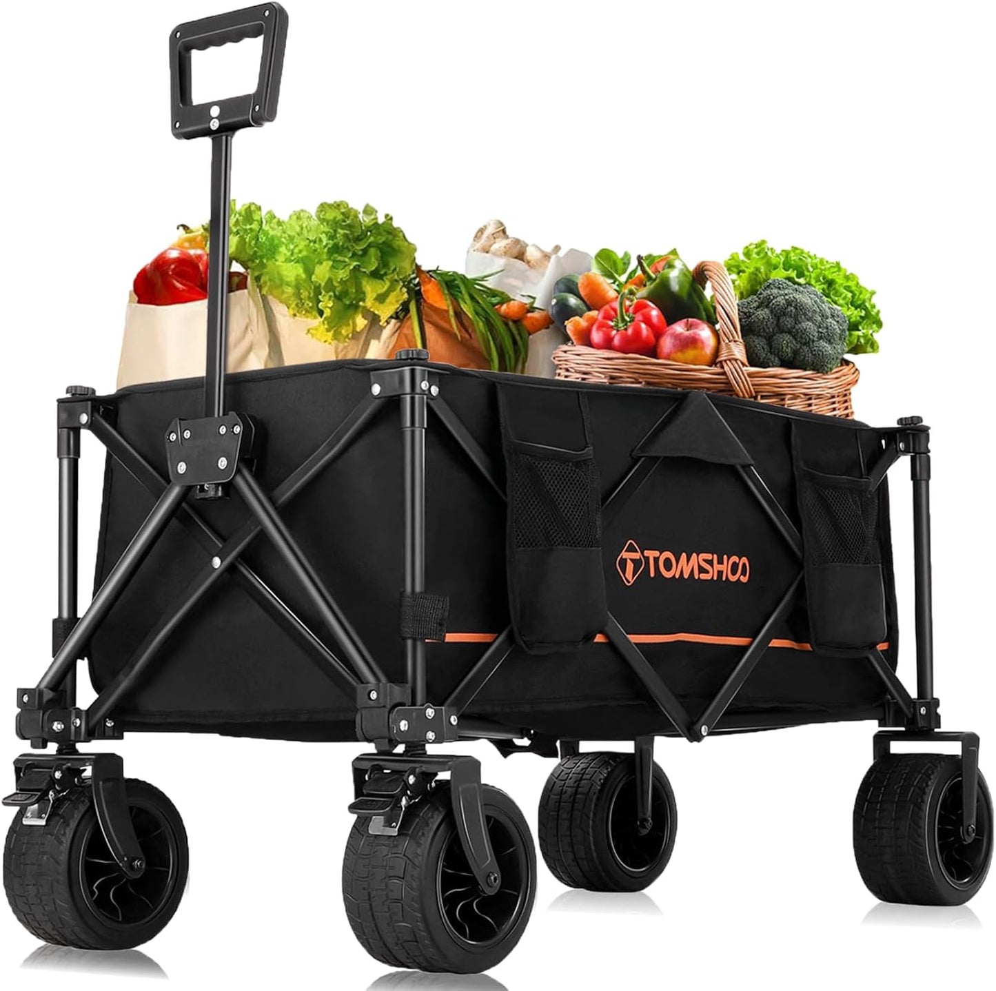 TOMSHOO Wagons Cart 120L Collapsible Wagon 330lbs Load Universal Wheels Wagons Carts Foldable with Cup Holders, Side Pocket and Brakes for Camping, Garden, Sports, Beach, Shopping, Black