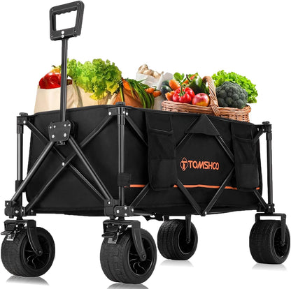 TOMSHOO Wagons Cart 120L Collapsible Wagon 330lbs Load Universal Wheels Wagons Carts Foldable with Cup Holders, Side Pocket and Brakes for Camping, Garden, Sports, Beach, Shopping, Black