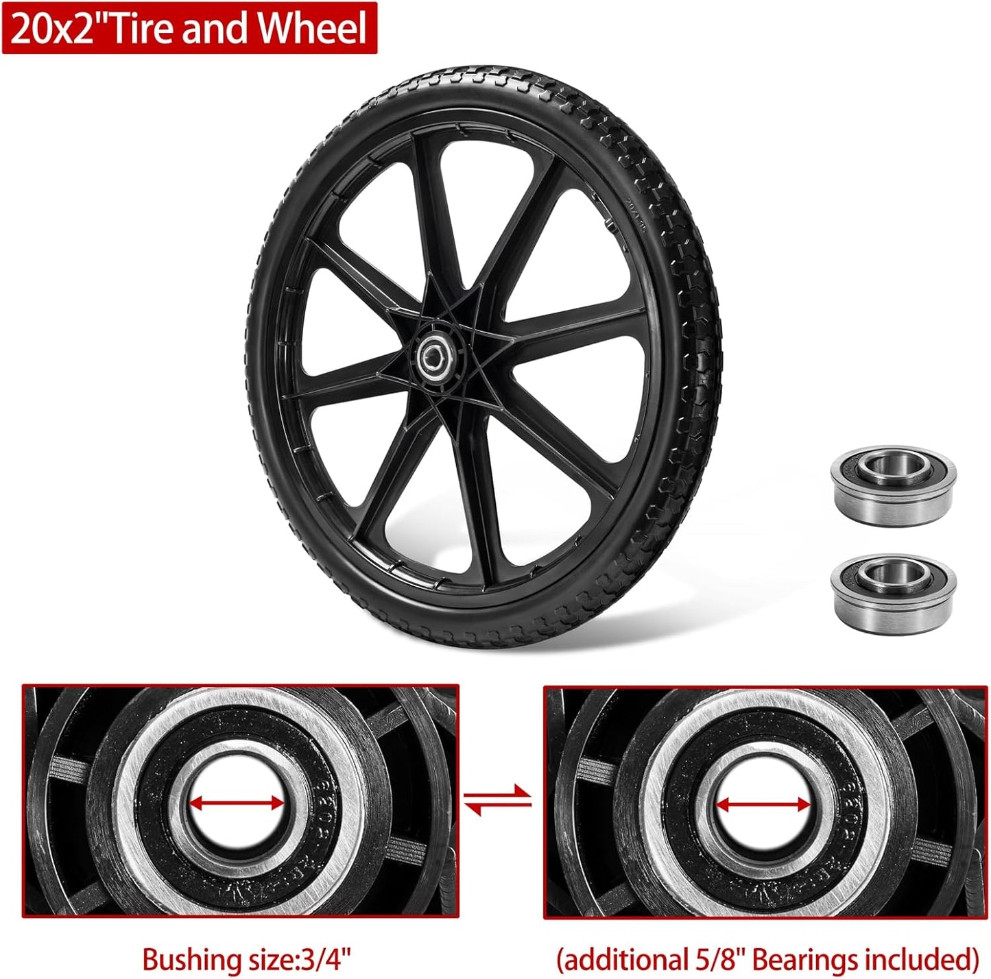 (2 PACK) 20" Flat Free Cart Wheels Compatible with rubbermaid Wheelbarrow Wheels,20x2" Flat Free Tires for Lawn Mower, Garden Cart- 3/4" Bearing,Hub Length 2.5", Black