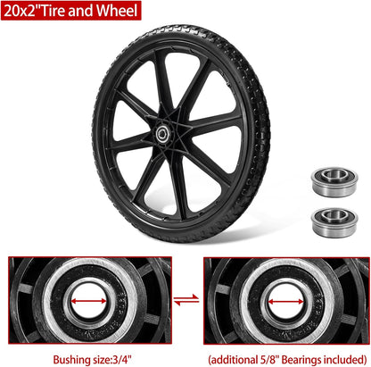 (2 PACK) 20" Flat Free Cart Wheels Compatible with rubbermaid Wheelbarrow Wheels,20x2" Flat Free Tires for Lawn Mower, Garden Cart- 3/4" Bearing,Hub Length 2.5", Black