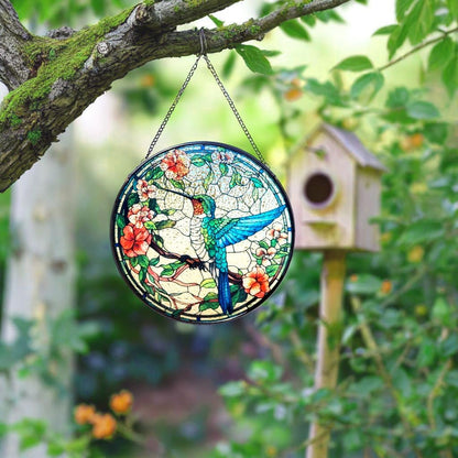 Stained Glass Window Hanging, 7.87" Luyseyha Sun Catcher for Window, Hummingbird Suncatcher Ornaments, Handmade Glass Art Wall Decor, Birthday Gift for Women Grandma Mom