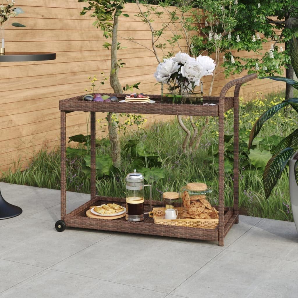 Outdoor Rolling Wicker Bar Cart with Storage Shelves, Portable Bar Cart with Wheels, Patio Kitchen Island Cart for Pool Deck Backyard, Brown 39.4"x17.7"x32.7" Poly Rattan -462