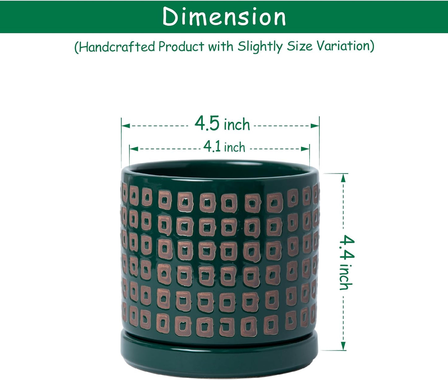 D'vine Dev Set of 2 Ceramic Planter Pots with Drainage Hole and Saucer, 4.5 Inch Plant Pots for Plants Indoor Houseplants, Green, 99-Z-A-4-V