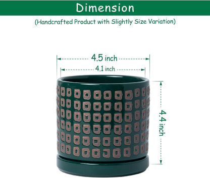 D'vine Dev Set of 2 Ceramic Planter Pots with Drainage Hole and Saucer, 4.5 Inch Plant Pots for Plants Indoor Houseplants, Green, 99-Z-A-4-V