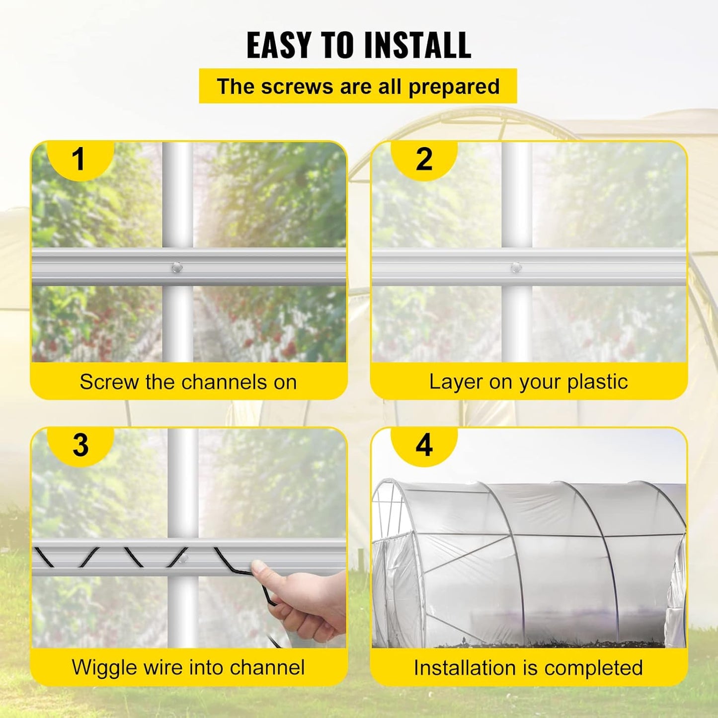 VEVOR Greenhouse Spring Wire and Lock Channel 50 Packs, 6.56 ft PE Coated Aluminum Alloy Bundle Kit, Plastic Poly Film or Shade Cloth Attachment w/Screws, Silver
