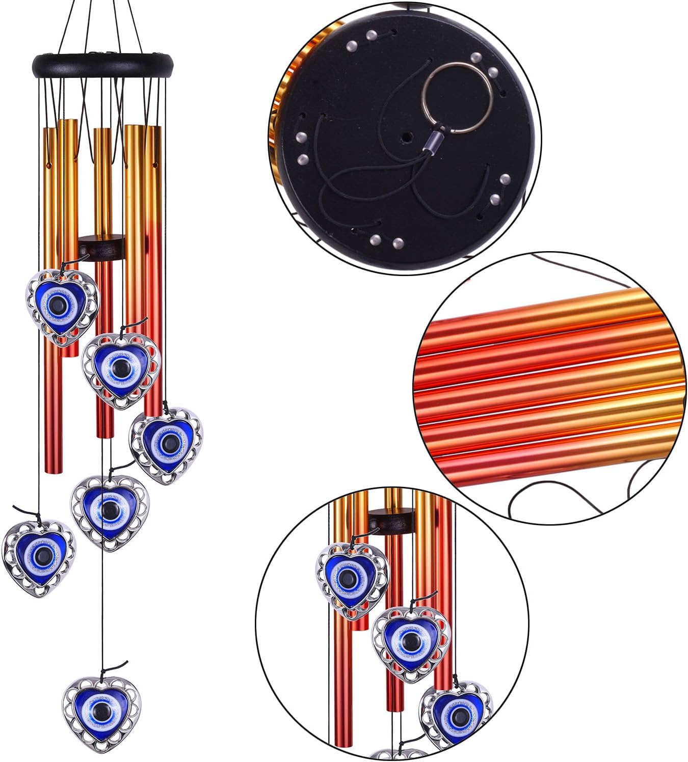 Blue Evil Eye Heart-Shaped Wind Chimes Outdoor Decor, Heart - Evil Eye Wind Bells, Mobile Evil Eye Windcatcher, Blue Evil Eye Amulet Wind Chimes for Home, Gifts for Mom,Balcony,Patio,Garden Decoration