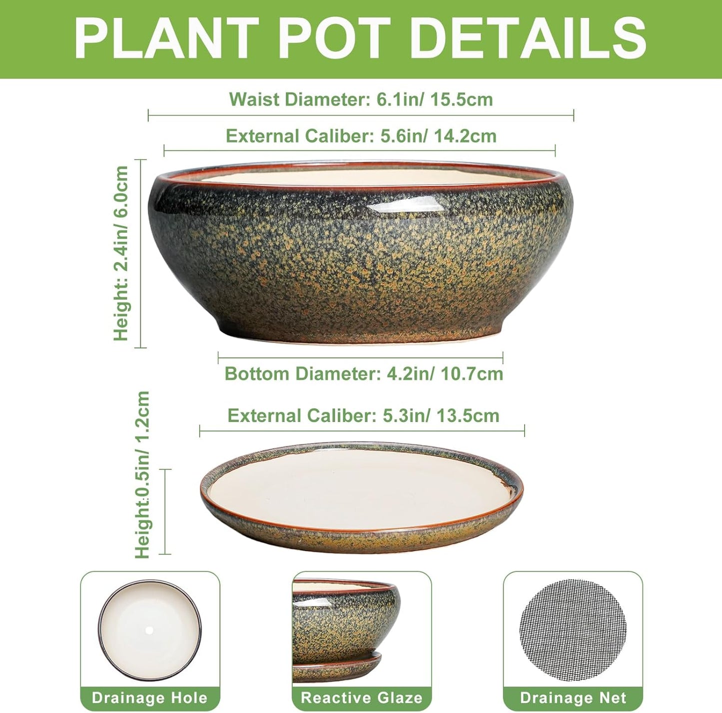 SQOWL Bonsai Pots Small - 6 Inch Ceramic Succulent Pots with Drainage Hole and Saucer, Shallow Round Planter for Indoor Plants Outdoor, Ceramic Cactus Planter, Patio Decor, Housewarming Gift, Brown