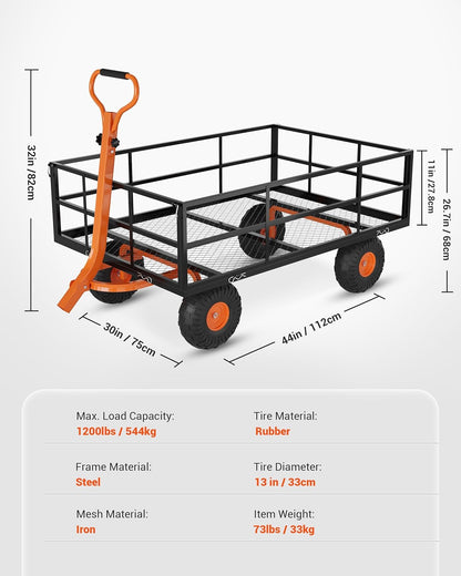 Metal Wagon - 900lbs Garden Cart with 10" Multi-Terrain Tires, 4 Removable Mesh Sides & 180° Swivel Handle, Yard Wagon Cart for Lawn, Yard, Patio Gardening