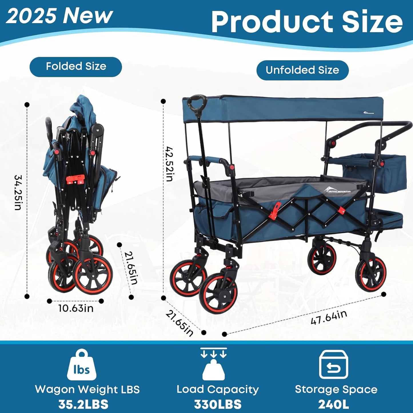 Collapsible Canopy Wagon,Large Capacity Trolley, Foldable Portable Cart with Canopy, Adjustable Push/Pull Handle, Shock-Absorbing Wheels, Suitable for Shopping,Traveling-G