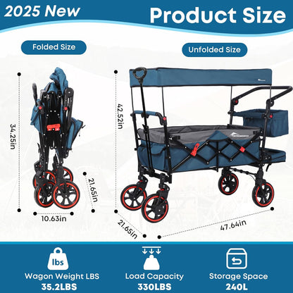 Collapsible Canopy Wagon,Large Capacity Trolley, Foldable Portable Cart with Canopy, Adjustable Push/Pull Handle, Shock-Absorbing Wheels, Suitable for Shopping,Traveling-G
