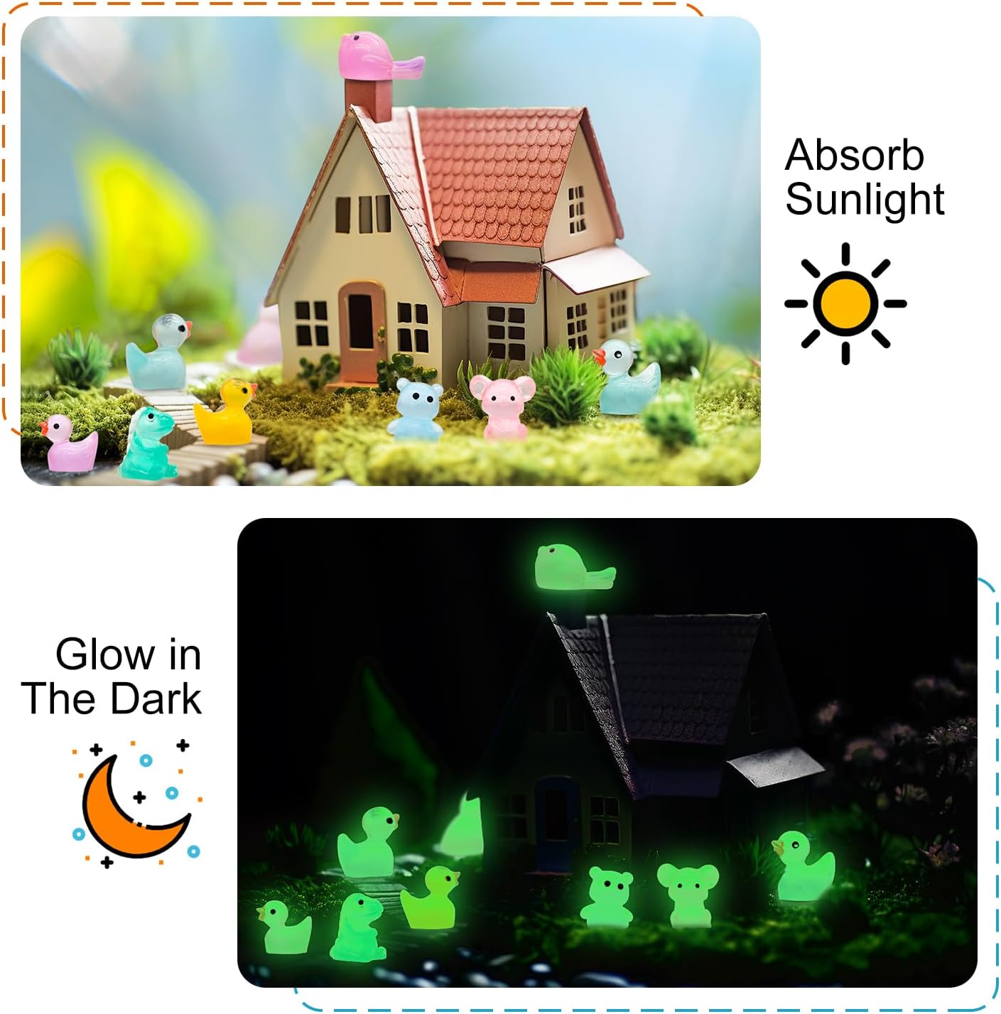 100pcs Luminous Mini Resin Animals Figures, Tiny Resin Animals Bulk, Glow in The Dark, for Miniature Fairy Garden Accessories Micro Landscape Aquarium Potted Decoration