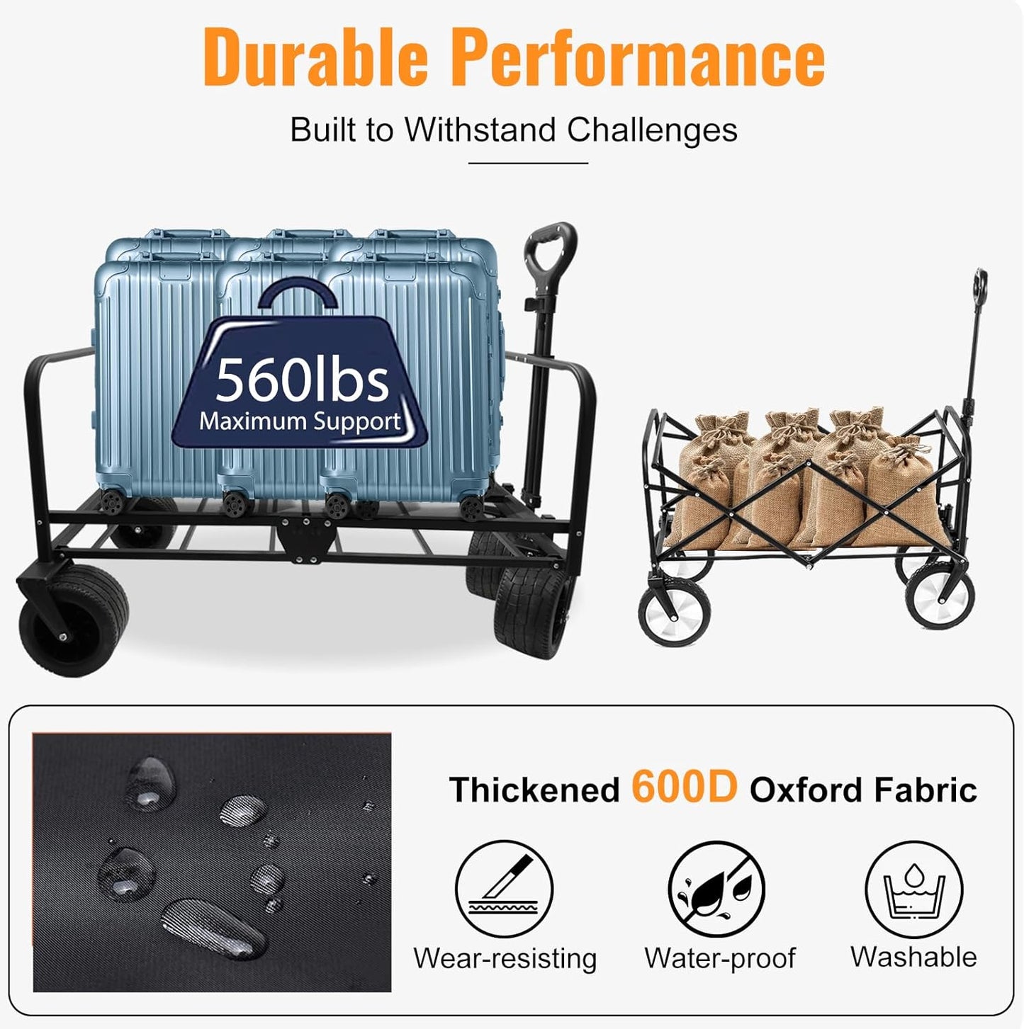Collapsible Foldable Wagon Cart with Wheels 240L Capacity Folding Sports Wagons, 560LBS Load Large 3-in-1 Grocery Heavy Duty Carts for Sand, Beach, Camping