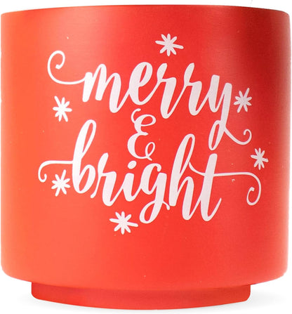 Ceramic Holiday Planter Pot, Merry & Bright Design, Red & White, Holds 4" House Plant or Succulent, Festive Winter Christmas Home Décor with Wood Stand
