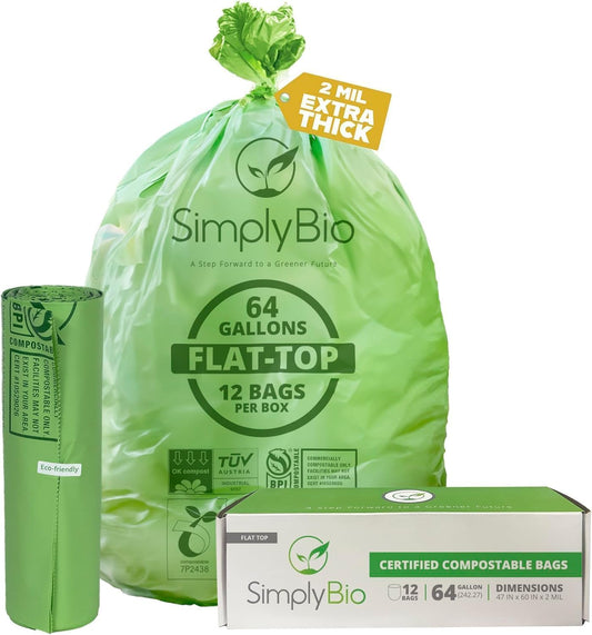 64 Gallon Compostable Trash Bags Flat-Top, Heavy Duty Extra Thick 2 Mil, 242.27 Liter, 12 Bags