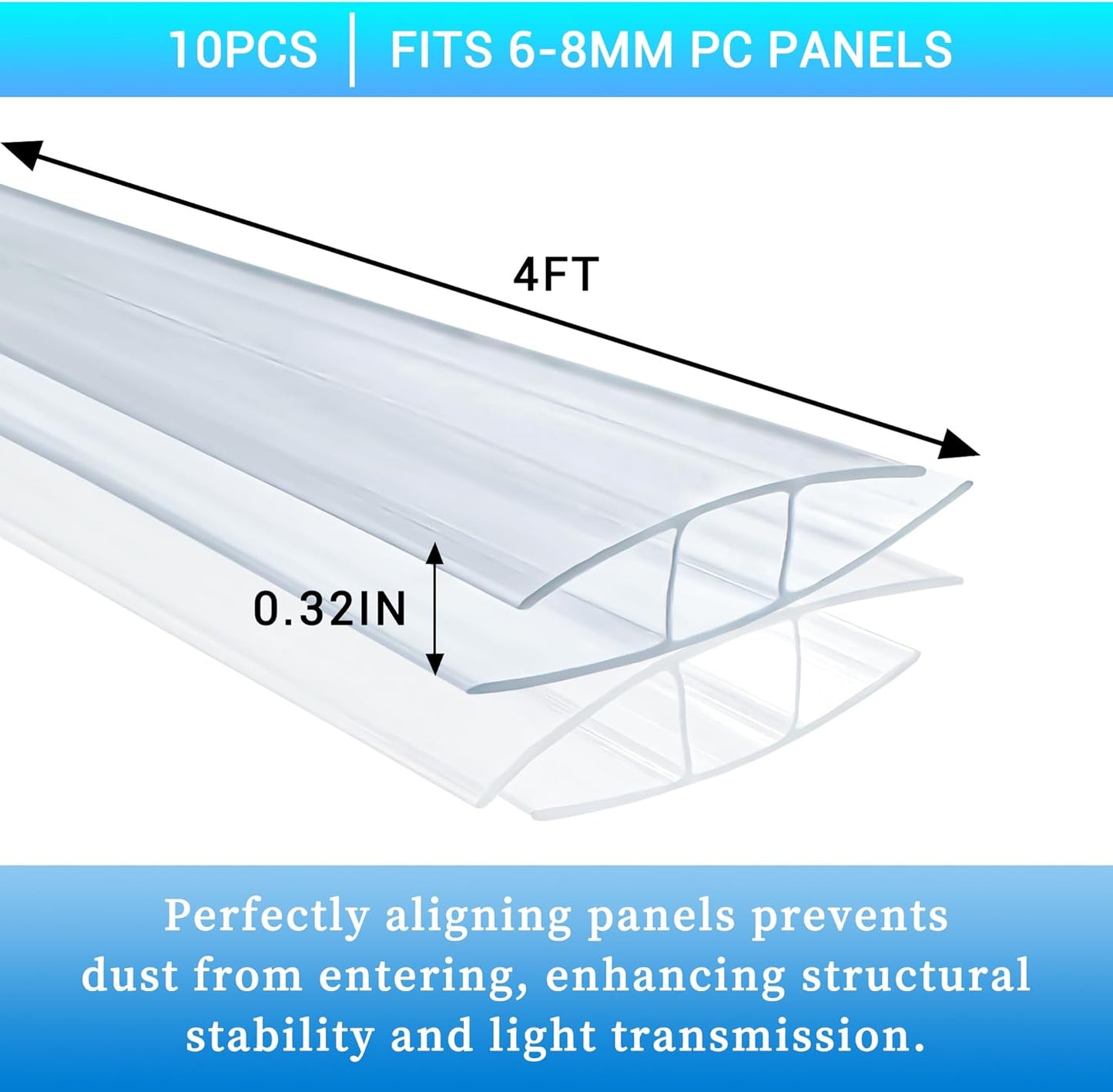 10 PCS Polycarbonate Greenhouse H-Clip Connectors 4ft Length, Fits 0.24’’ & 0.32’’ Twin-Wall Polycarbonate Panels Duty Dust, Rain & Moisture Protection Durable (H-Clip 4' × 2.16’’ × 0.32’’)